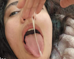 Latina fingers hairy pussy, eats her grool then rubs clit to a squirting orgasm