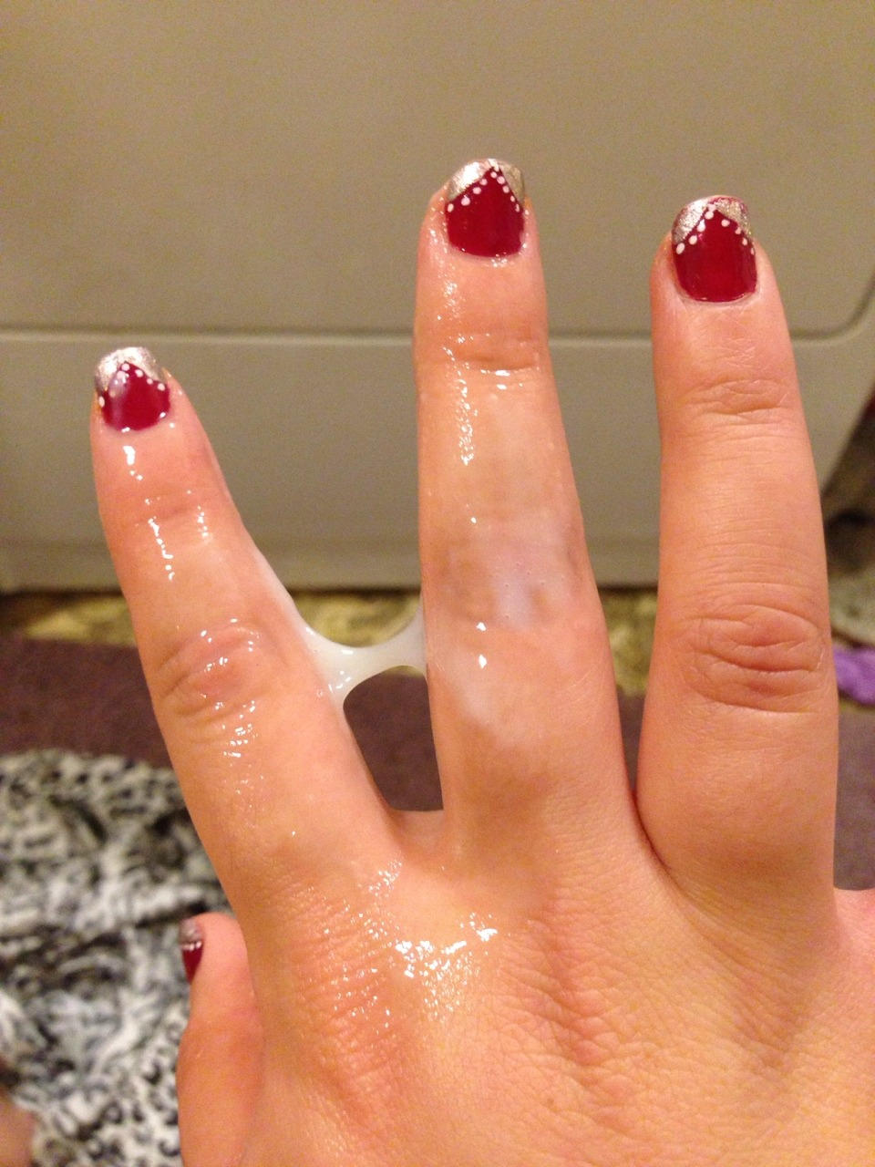 chubby plump latina shows grool covered fingers