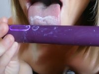 Big tit blonde babe toys and licks her cum
