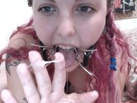 She gags, toys and tastes her own cum