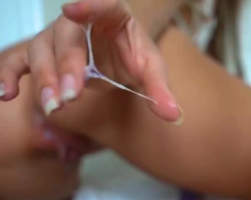 Grools after rubbing her fat clit & riding her big dildo; shows her sticky grool @ the end